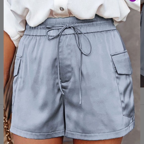 Ice Blue Satin Cargo Shorts - Picture 1 of 5